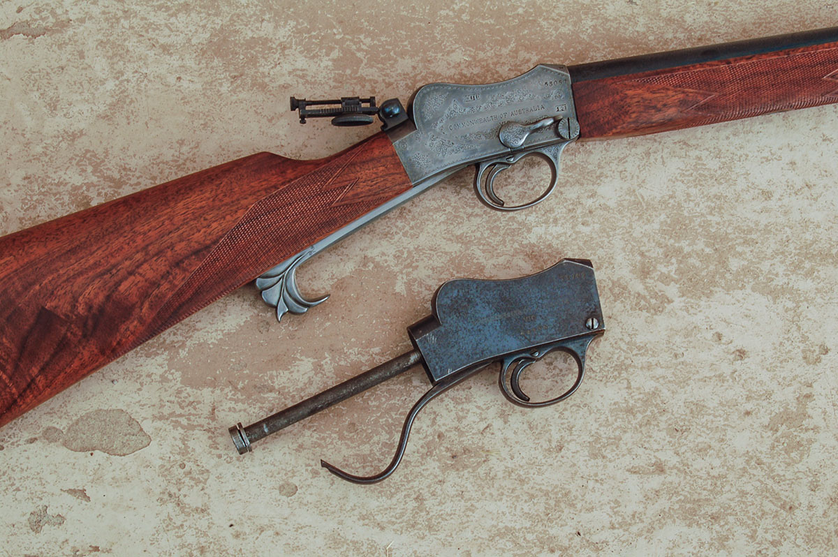The Cadet Martini with an added safety (top) and as original  (bottom). This trigger-blocking safety can be fit to a G.P. action but requires welding.